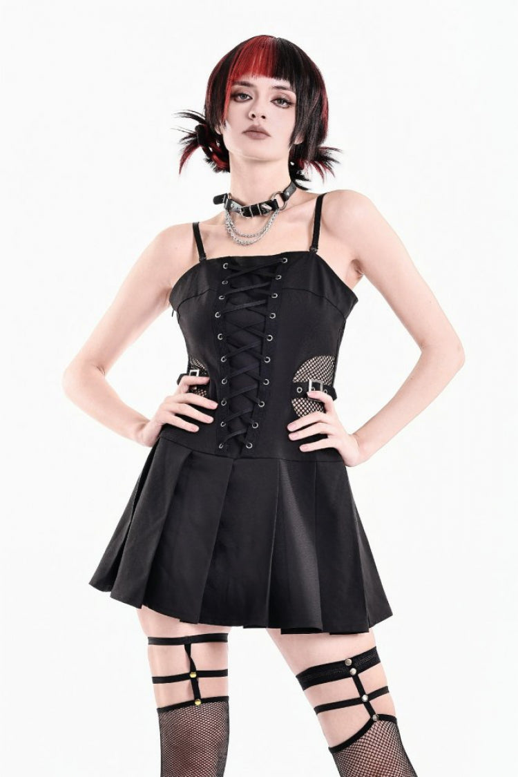 Schwarzes Damen-Slipkleid mit Punk-Schnallenriemen, Ausschnitt und Schnürung aus Netzstoff mit Plissee
