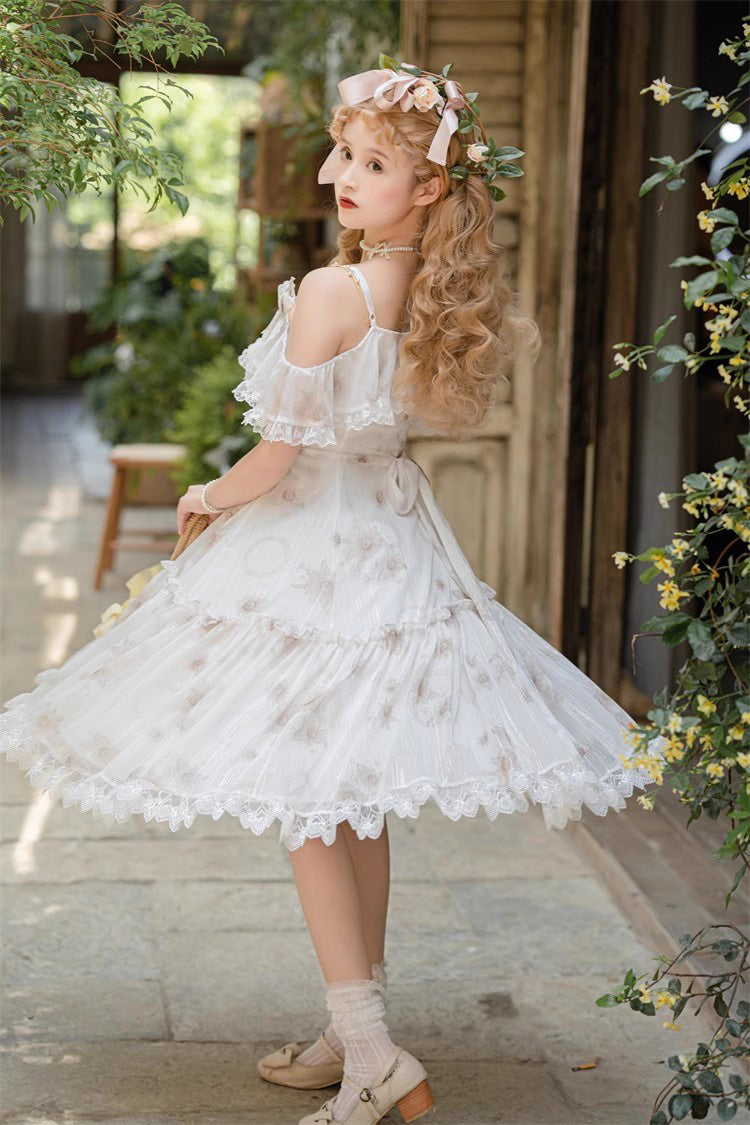 White Sunflower Dance Print Sweet Elegant Princess Lolita Jsk Dress