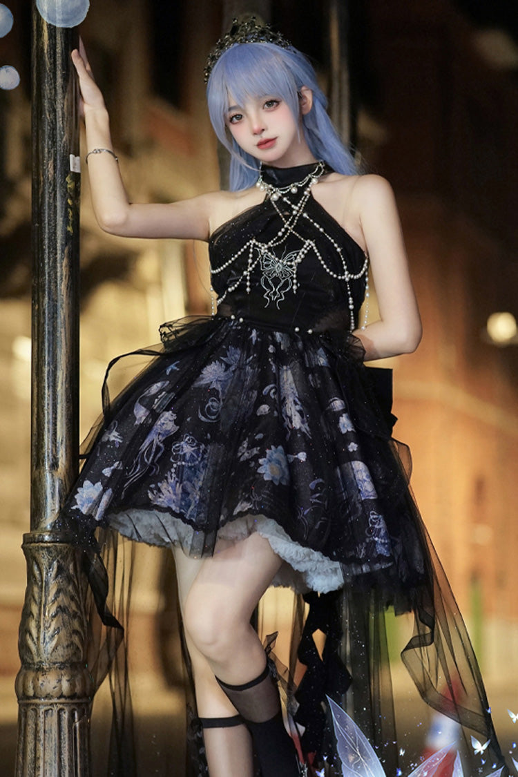 Blue [Deep Sea Jellyfish] Halterneck Sleeveless Print Embroidery Bowknot Lace Sweet Elegant Lolita Jsk Dress