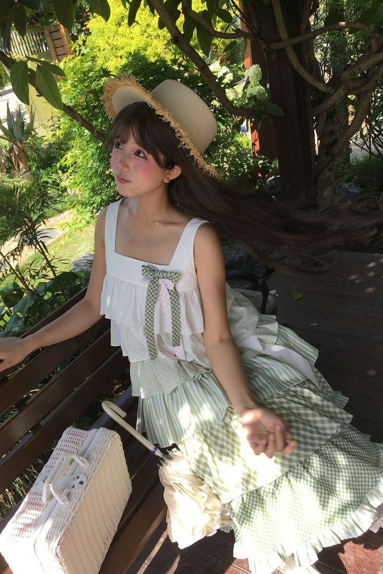 グリーン [Go To The Forest] マルチレイヤープリント フリル ホリデー スイート ロリータ ジャンパースカート ドレス 