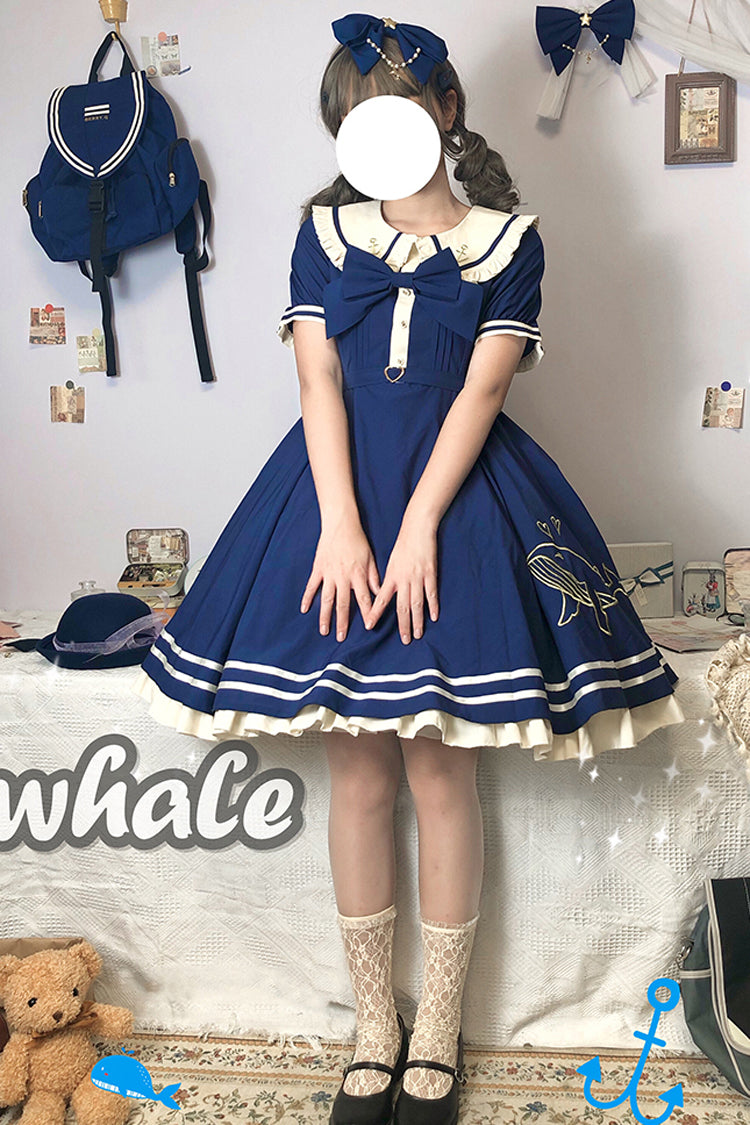 Little Sea Whale Navy Sailor Short Sleeves Sweet Lolita OP Dress 3 Colors