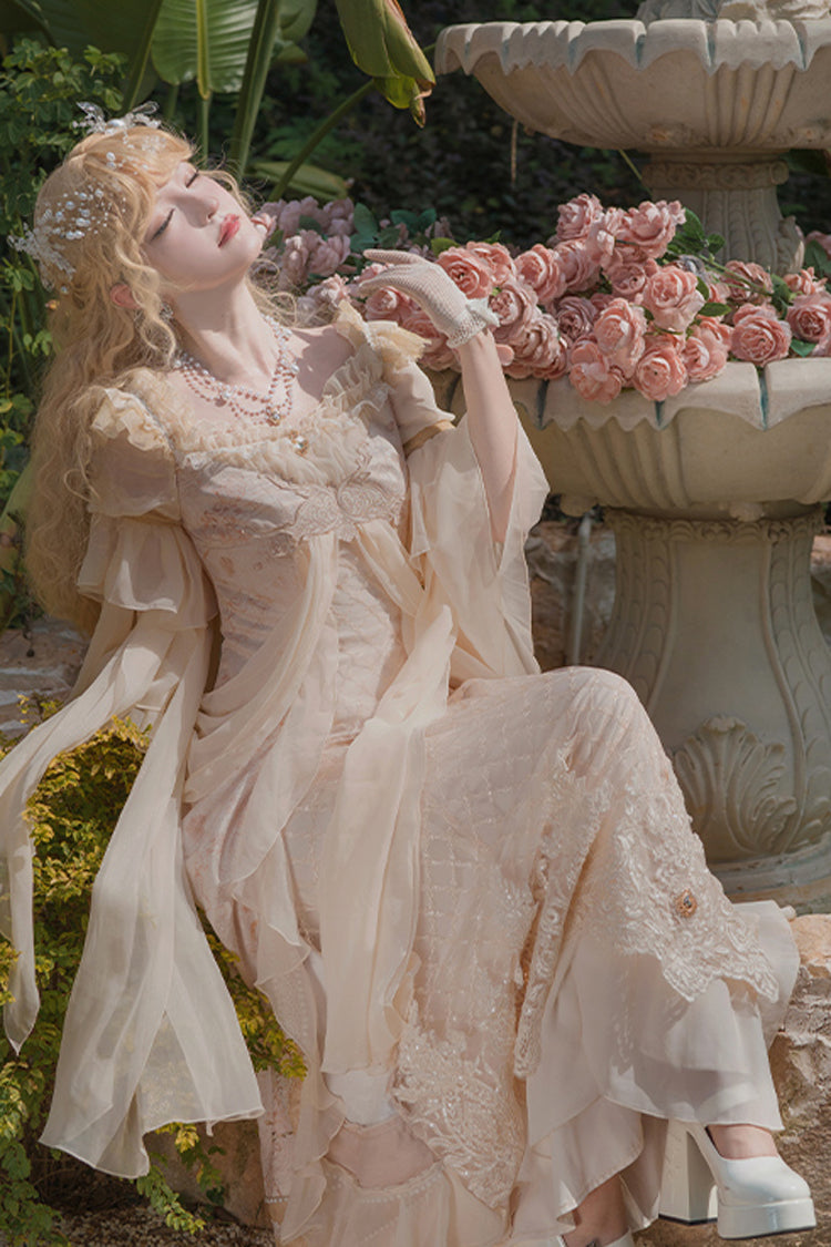 Pink [Bathing in the Light] Short Sleeves Ruffle Embroidery Lace Sweet Elegant Lolita Dress