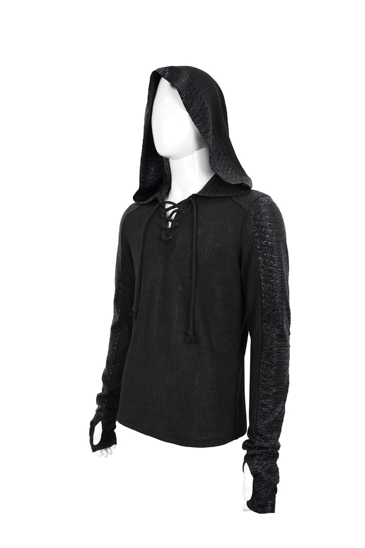 Black Trendy Dark Tether V-Neck Panel Knit Hooded Men's Punk T-Shirt