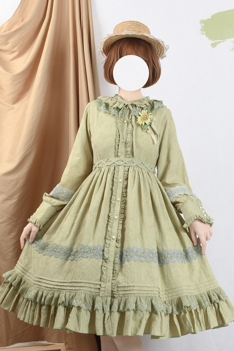 Spring Dawn Long Sleeves Jacquard Ruffle Bowknot Sweet Vintage Lolita Dress 3 Colors