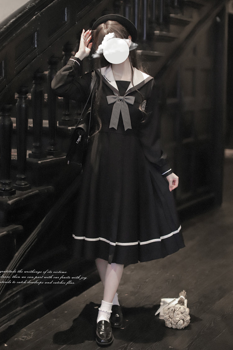 Black Navy Collar Long Sleeves Bowknot Sweet Japanese College Style Elegant Lolita Dress