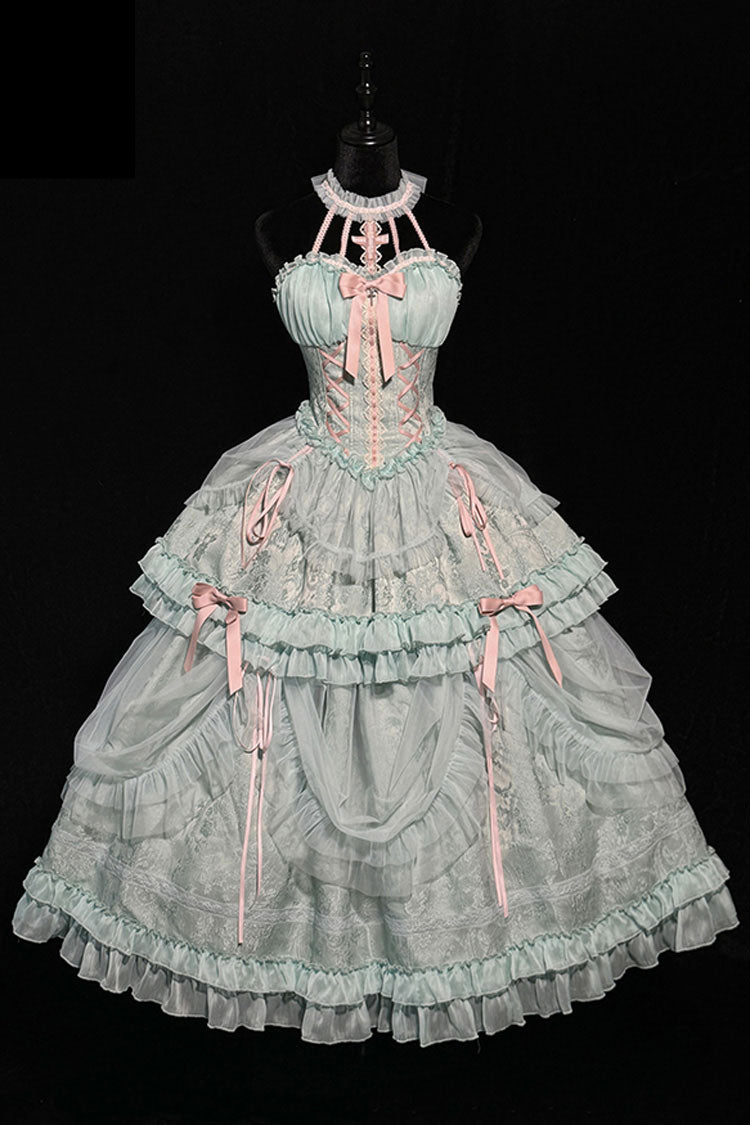 Green Cross Halterneck Ruffle Bowknot Lace Lace-Up Princess Sweet Lolita Dress