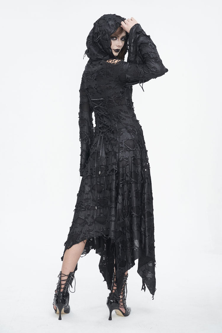 ブラックロングトランペットスリーブ不規則なフード付きレディースゴシックドレス