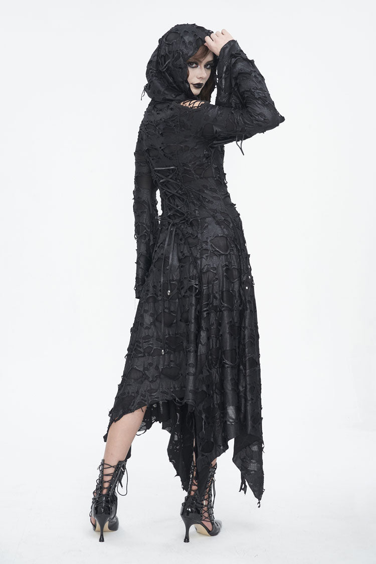 Black Long Trumpet Sleeves Irregular Hooded Womens Gothic Dress