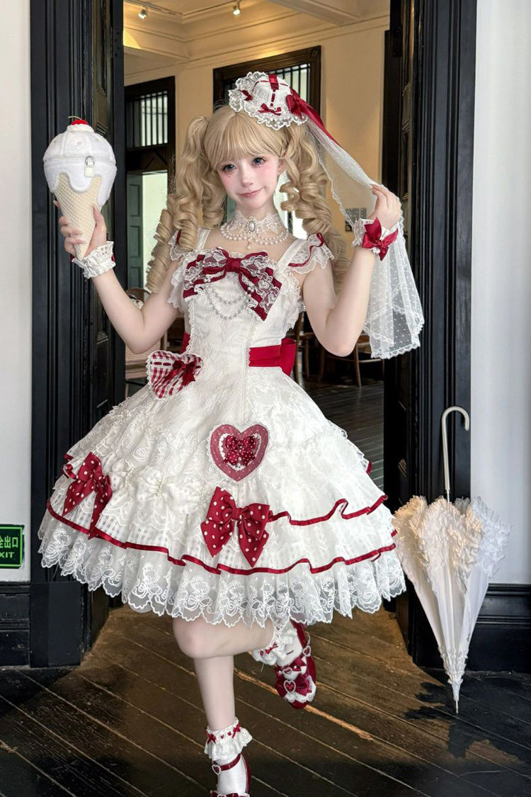 Weißes [Polka-Dot-Liebesbrief] ärmelloses doppellagiges Schleifen-Spitzen-Perlen-Süß-Lolita-Jsk-Kleid 