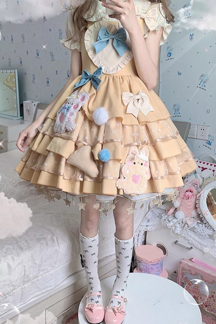 Yellow Bear Cheese Multi-layer Print Ruffle Bowknot Sweet Lolita Dress
