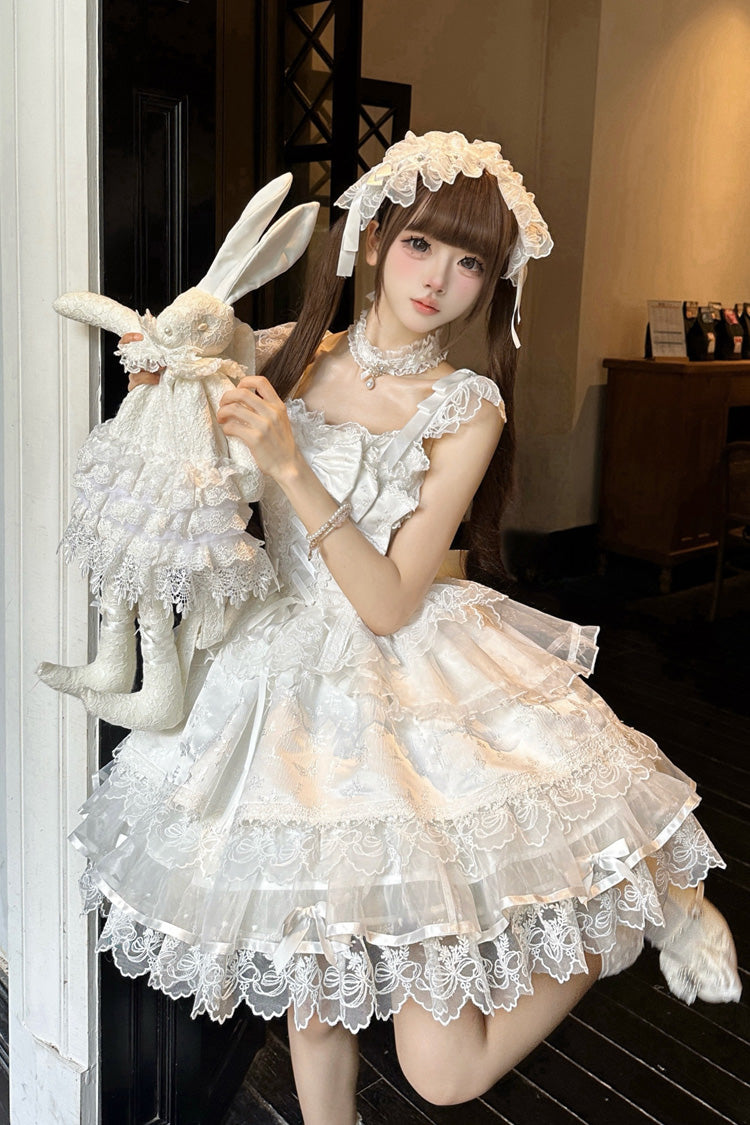 Robe Jsk Lolita Ballet Douce Slim en Dentelle à Volants sans Manches avec Nœud Papillon Blanche [Fleishi Island] 