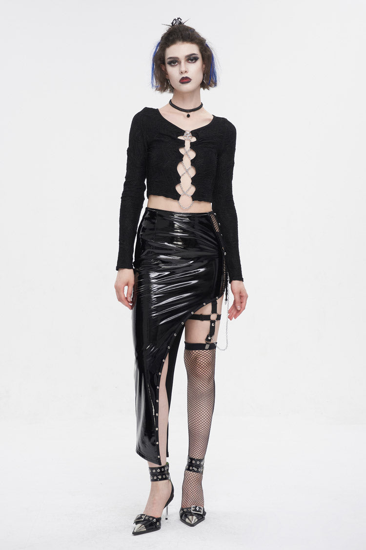 Black Irregular Patent Leather Women's Punk Skirt With Mesh Stocking