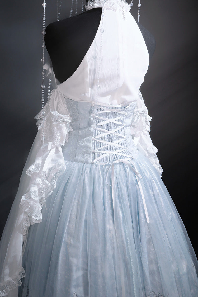 Blue [Snow Lily] Print Ruffle Hanayome Embroidery Bowknot Lace-Up Sweet Elegant Princess Lolita Skirt Set