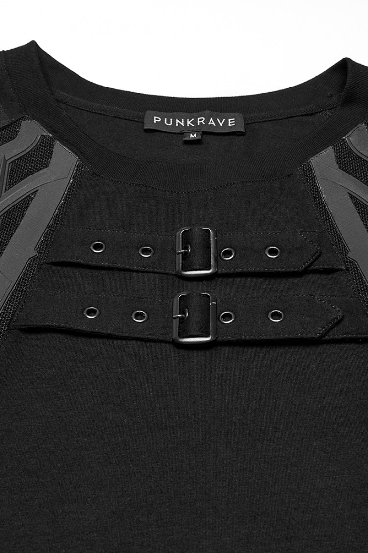 T-shirt punk pour homme à manches courtes et col rond noir avec sangle à boucle cloutée 