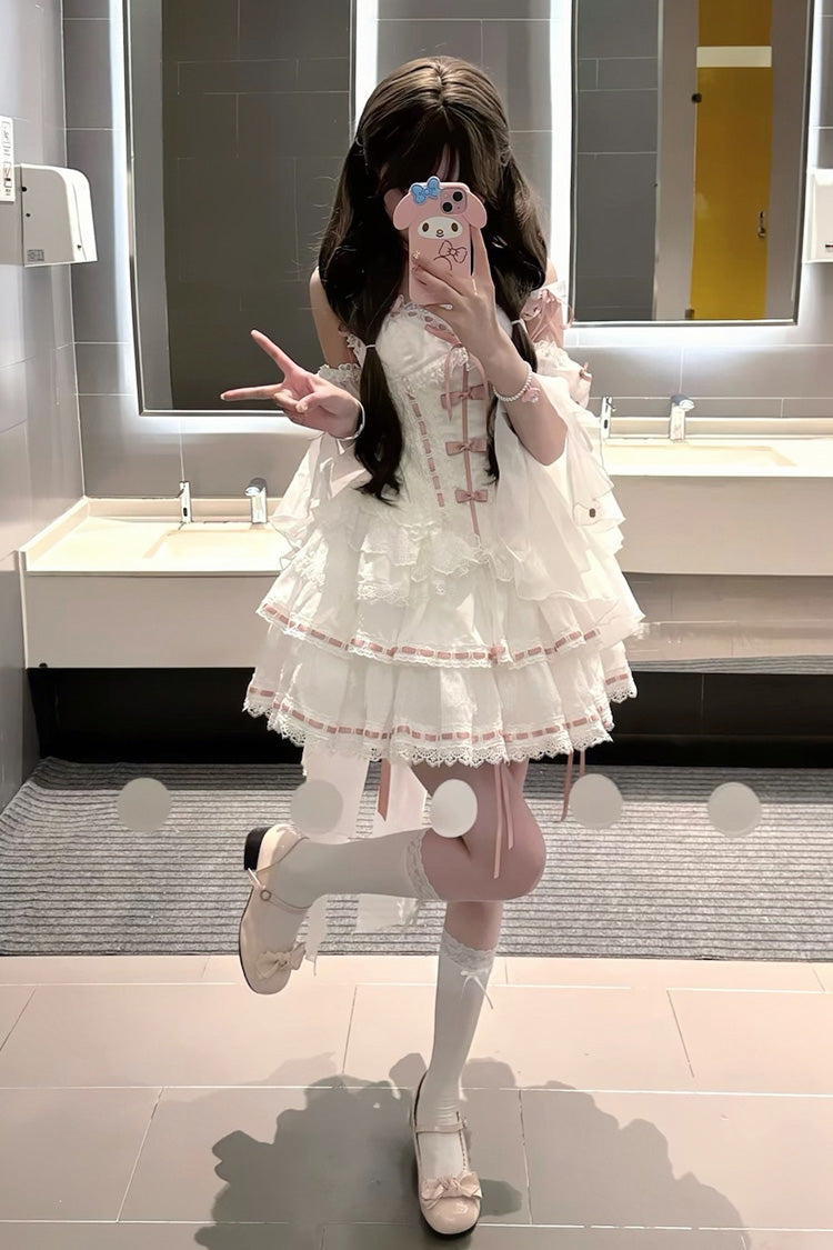 White [Little Love Song] Detachable Trumpet Sleeves Ruffle Bowknot Lace Sweet Lolita Top Skirt Set