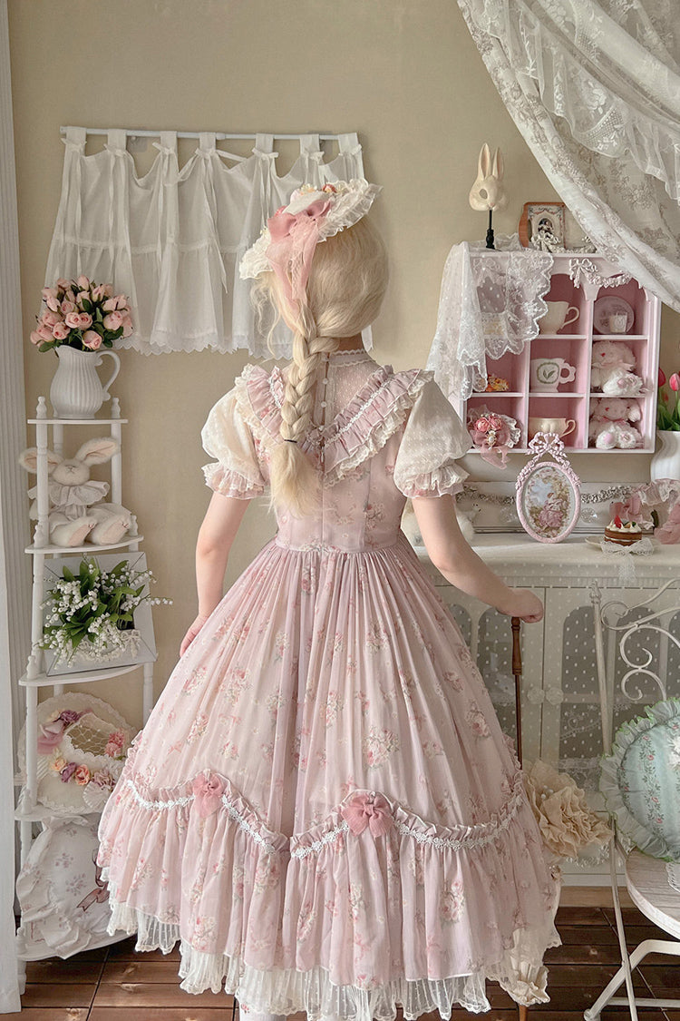 [Daydream Rose] Kurzärmliges Kleid mit Blumen-Jacquard-Print, Rüschenstickerei, Schleifenknoten, Sweet Lolita, in 3 Farben 