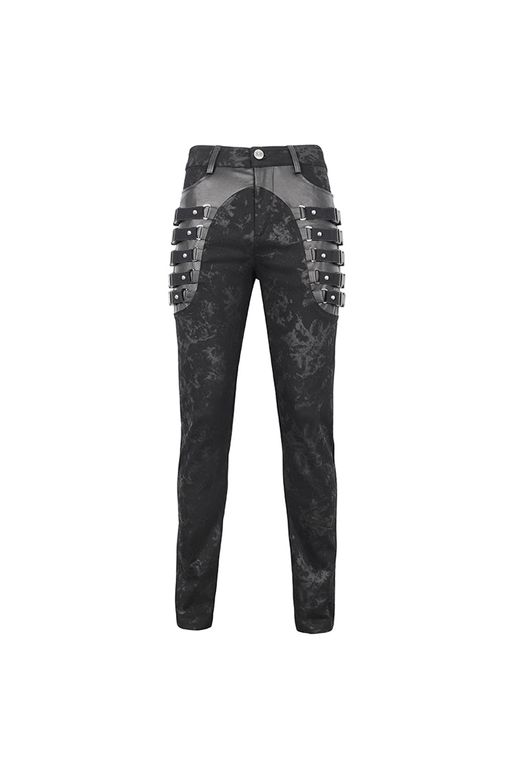 Black Multi Buckle Distressed  Print Men's Punk Pants