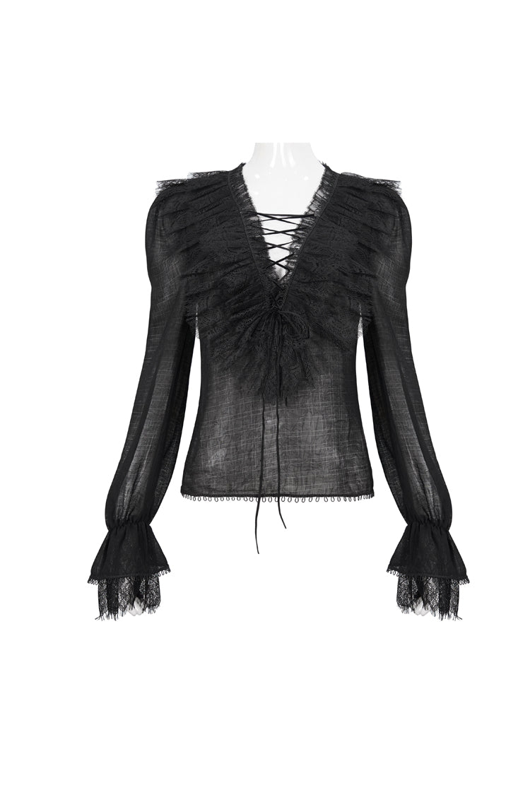 Black Thin Waist Plaid Stitching Layered Lace Long Sleeves Women's Gothic Shirt