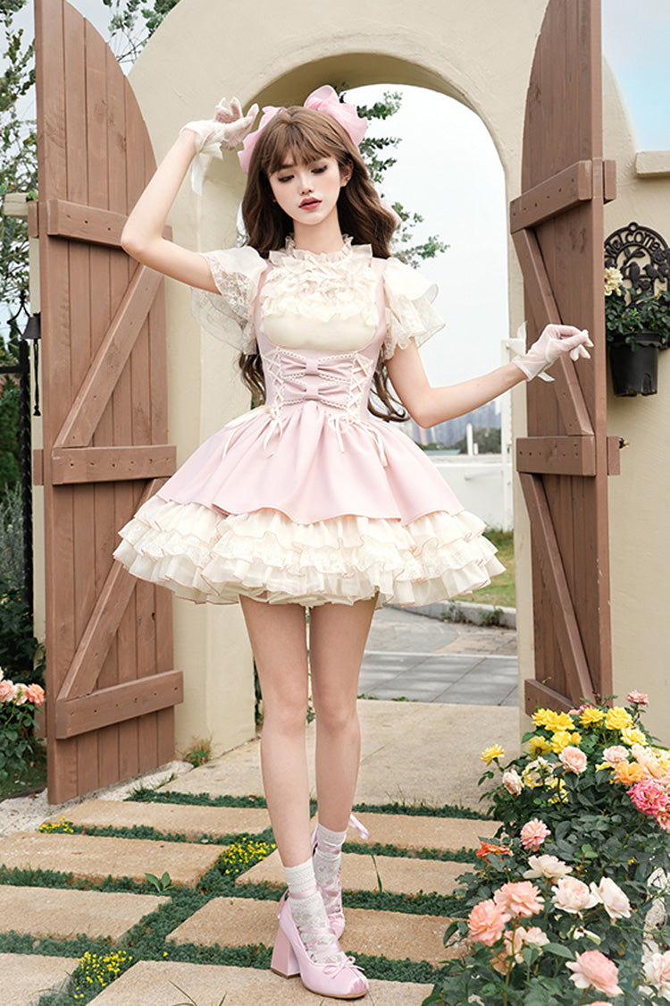 Robe Bustier Sweet Lolita Jsk à Volants Multicouches avec Nœud Papillon et Lacets [Love Diary] Rose 