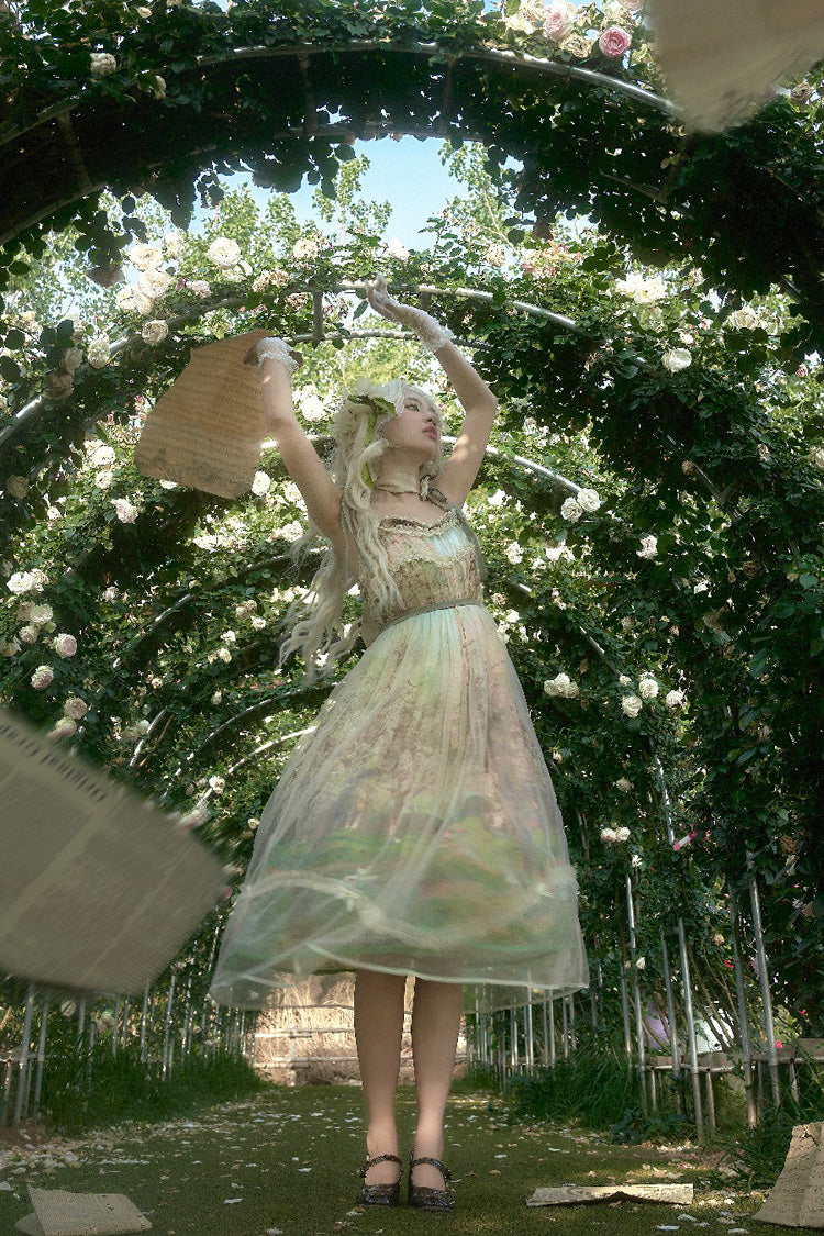 Green [Oil Painting – Spring] Sleeveless Print Ruffle Bowknot Lace Sweet Lolita Jsk Dress