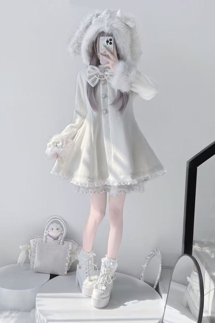 Ivory Long Sleeves Bowknot Rabbit Ears Detachable Hooded Japanese Jirai Kei Coat