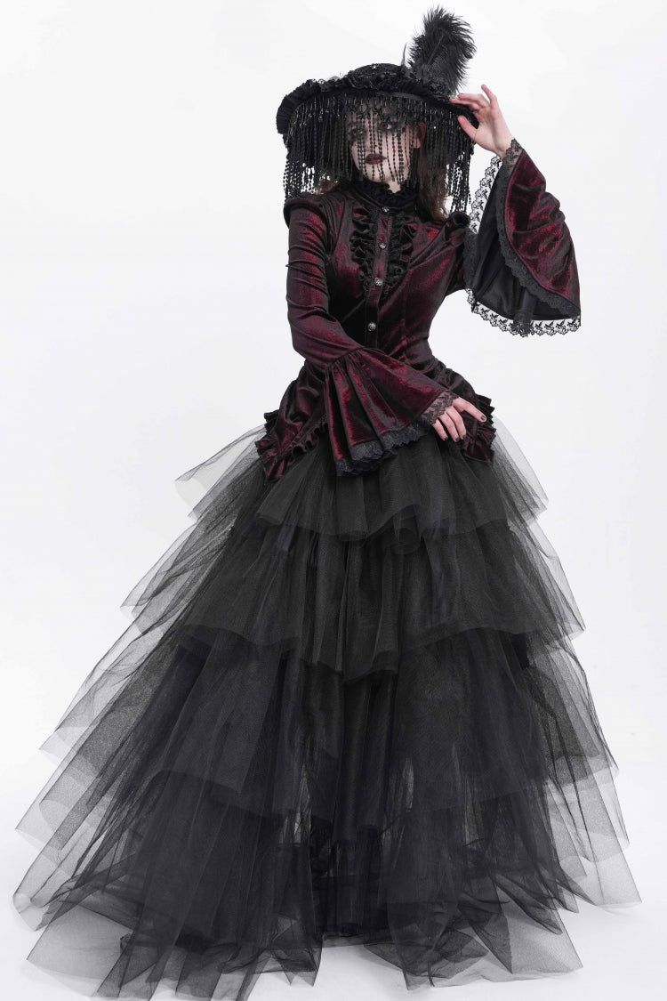 Red Stand Collar Long Trumpet Sleeves Ruffle Swallow-tailed Women's Gothic Blouse
