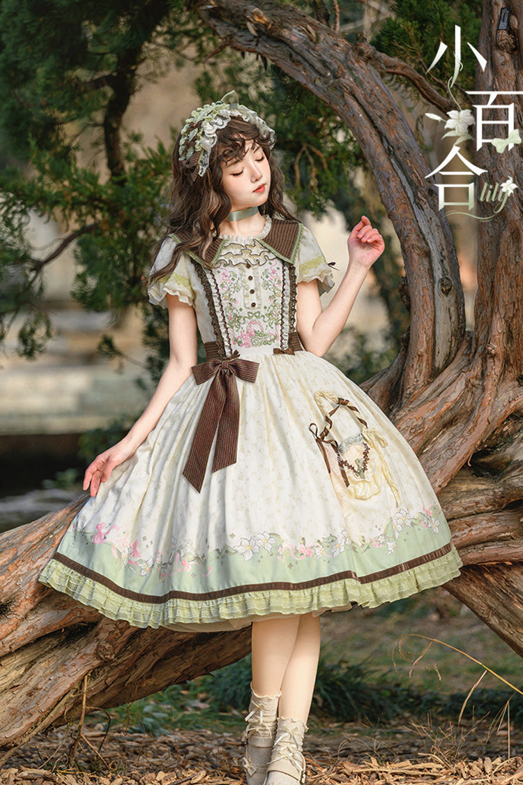 Robe Lolita Douce Élégante Verte/Ivoire [Lily] à Manches Courtes avec Imprimé, Volants, Broderie, Nœud Papillon et Dentelle 