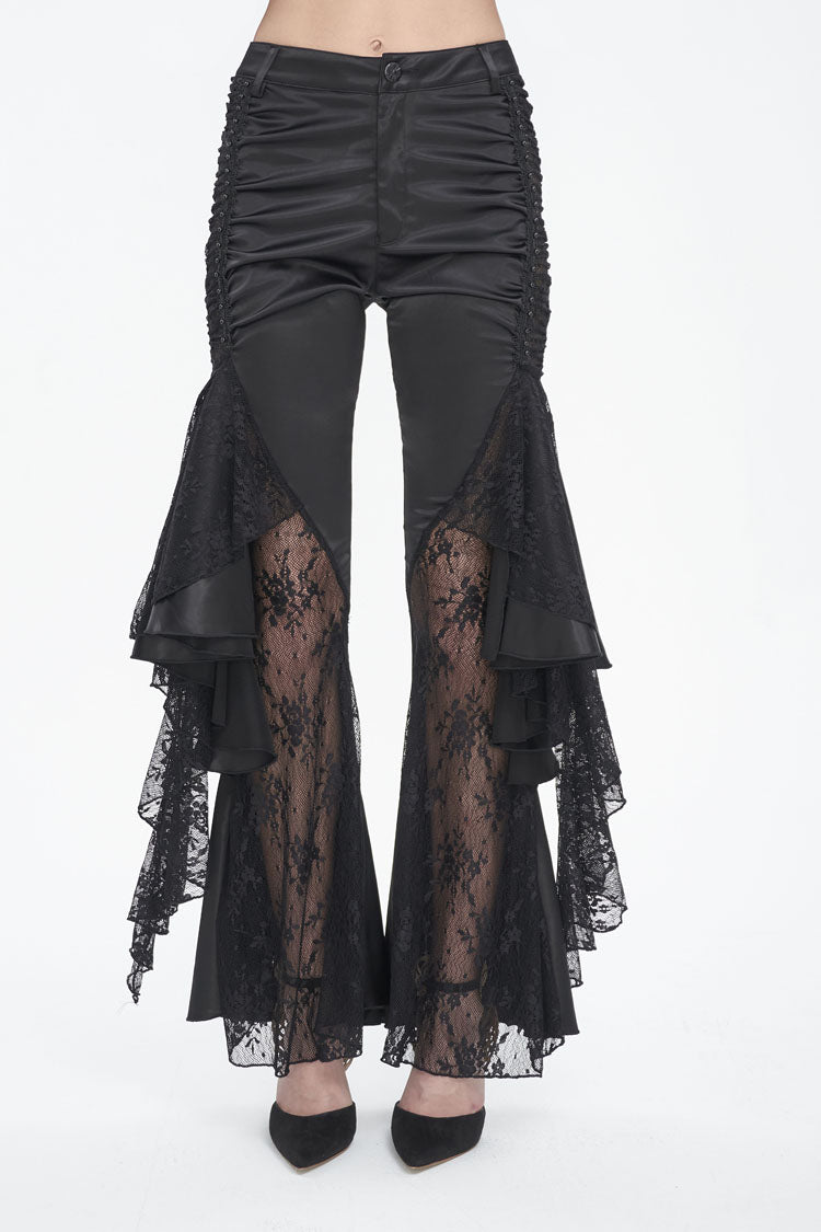 Black Ruffle Lace Stitching Womens Gothic Flared Pant