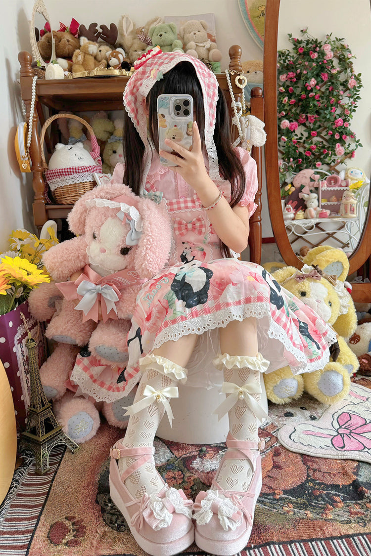 Panda Peach Print Bowknot Sweet Lolita Strap Dress 3 Colors