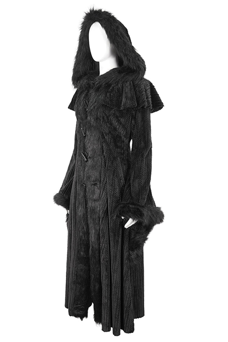 Black Flared Sleeved Fluffy Long Women's Gothic Coat With Hood