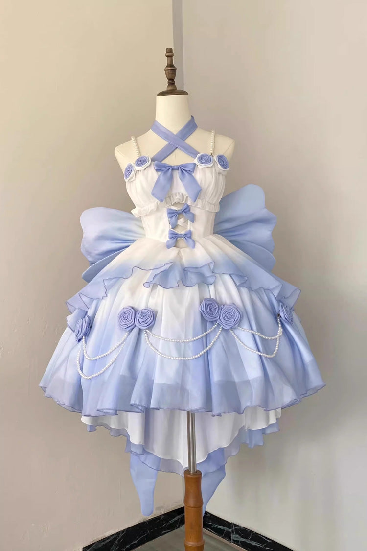 Gradient Blue Hanayome Hollow Bowknot Sweet Princess Lolita Dress ...