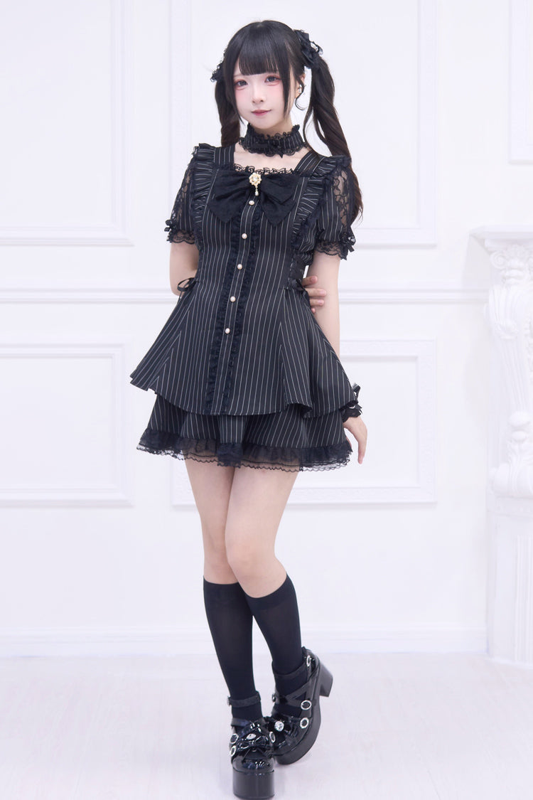 Black [Waltz] Short Sleeves Stripe Print Ruffle Bowknot Gothic Jirai Kei Japanese Dress Set