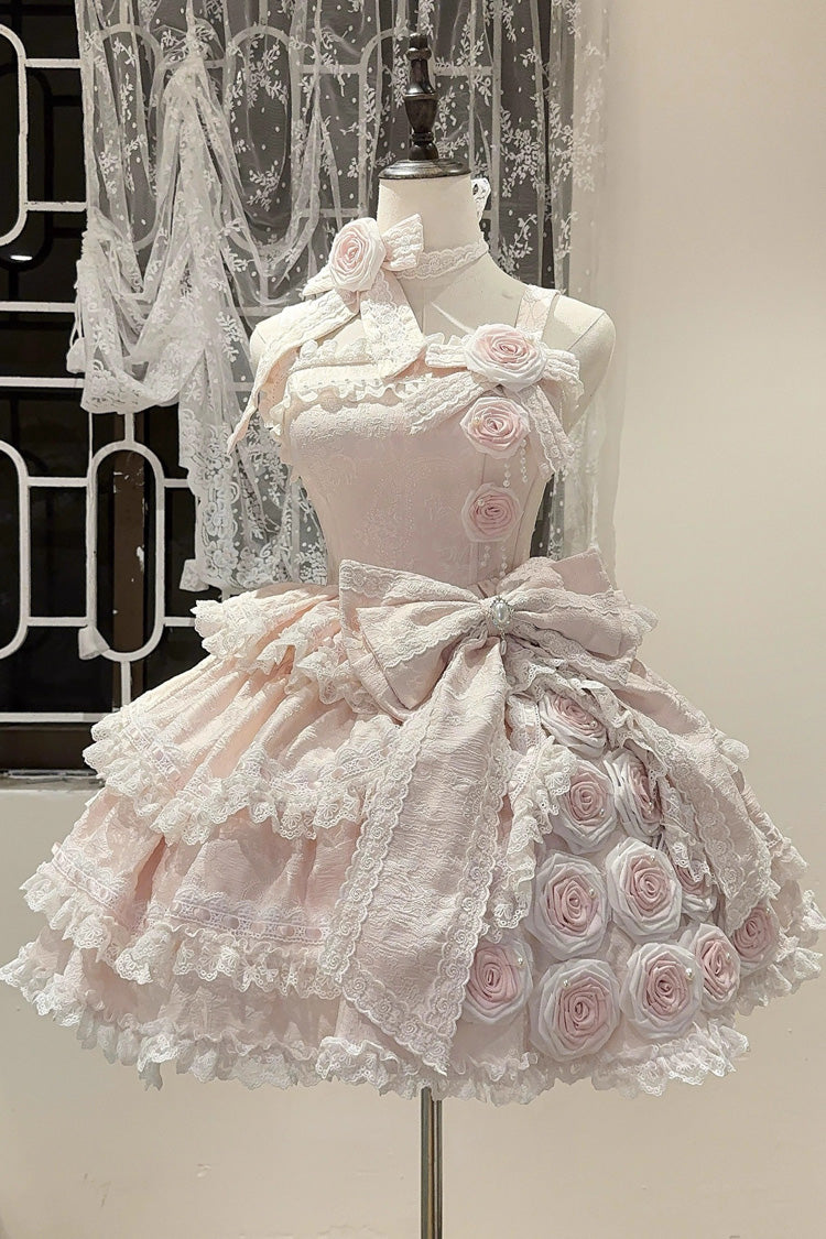 [Rose of Confession] Robe Lolita Jsk Sans Manches à Volants Nœud en Dentelle Asymétrique Douce Élégante 2 Couleurs 