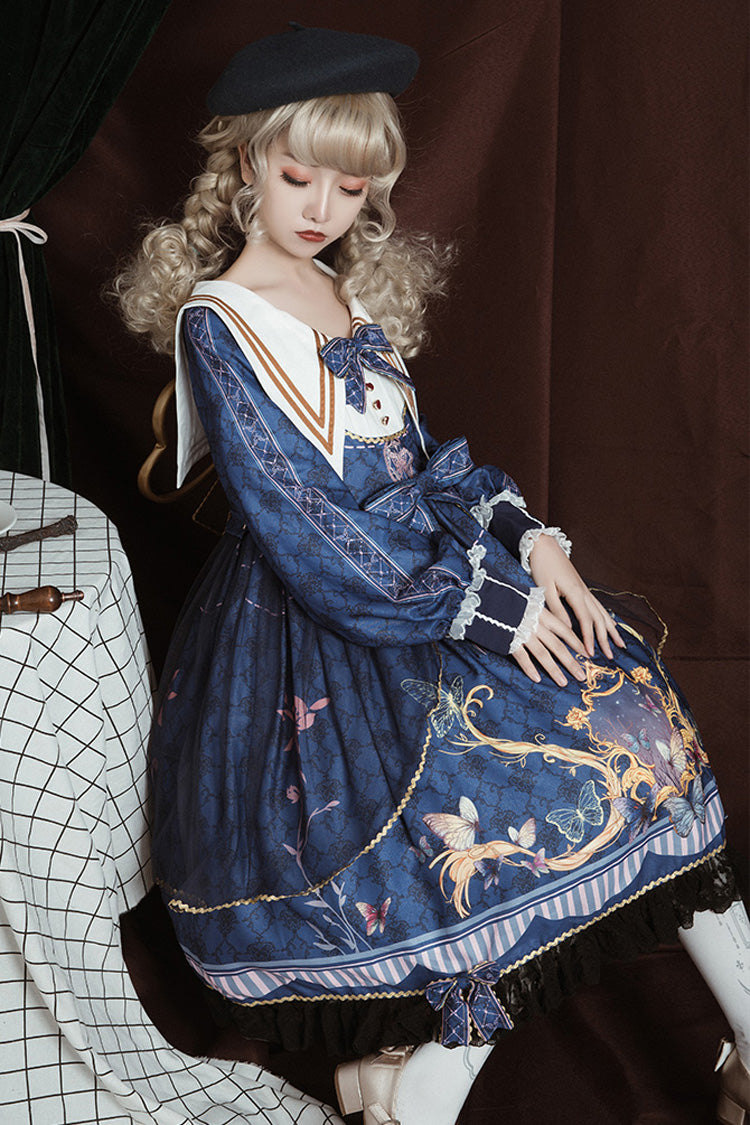 Blue Navy Collar Long Sleeves Butterfly Print Ruffle Bowknot Sweet Elegant Princess Lolita Dress