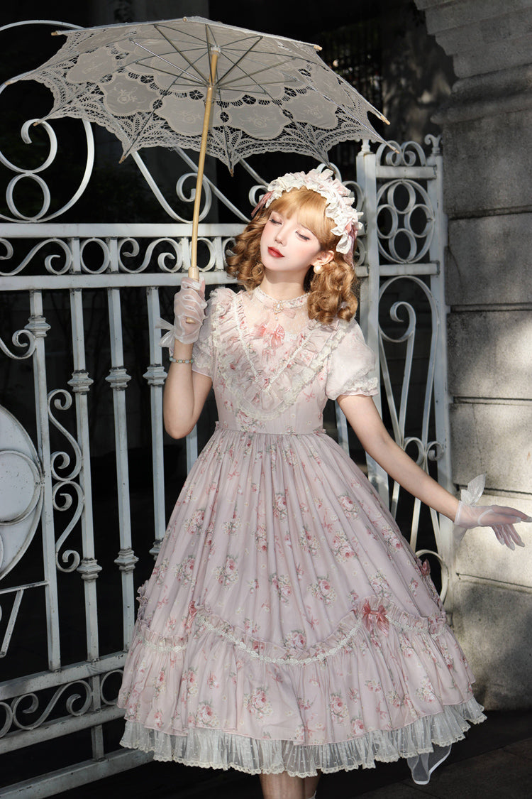 [Daydream Rose] Kurzärmliges Kleid mit Blumen-Jacquard-Print, Rüschenstickerei, Schleifenknoten, Sweet Lolita, in 3 Farben 