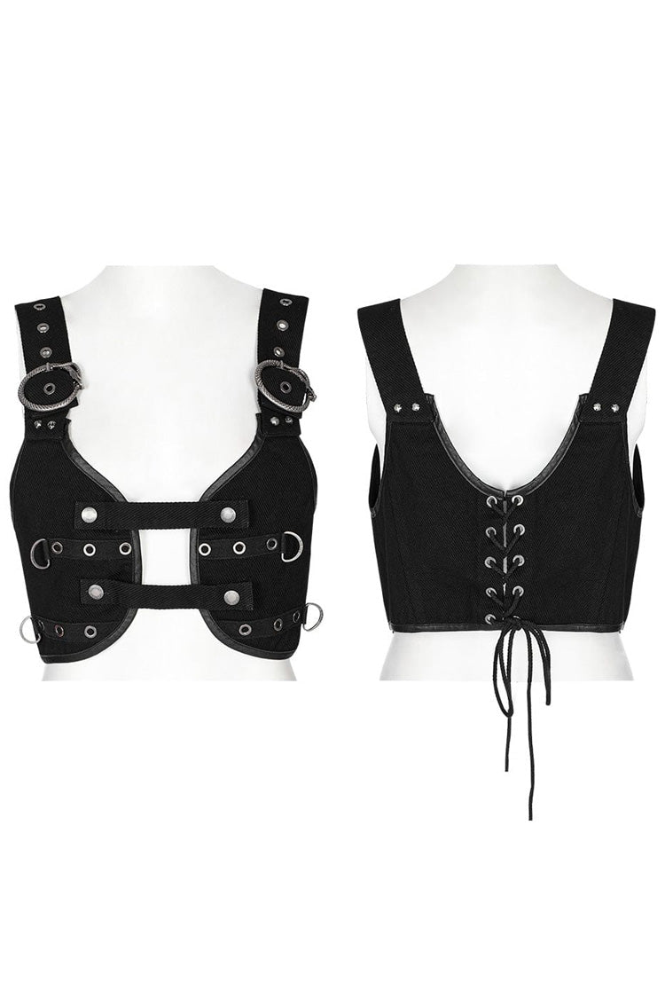 Schwarze verstellbare Steampunk-Weste für Damen mit Schlangenschnalle aus Metall