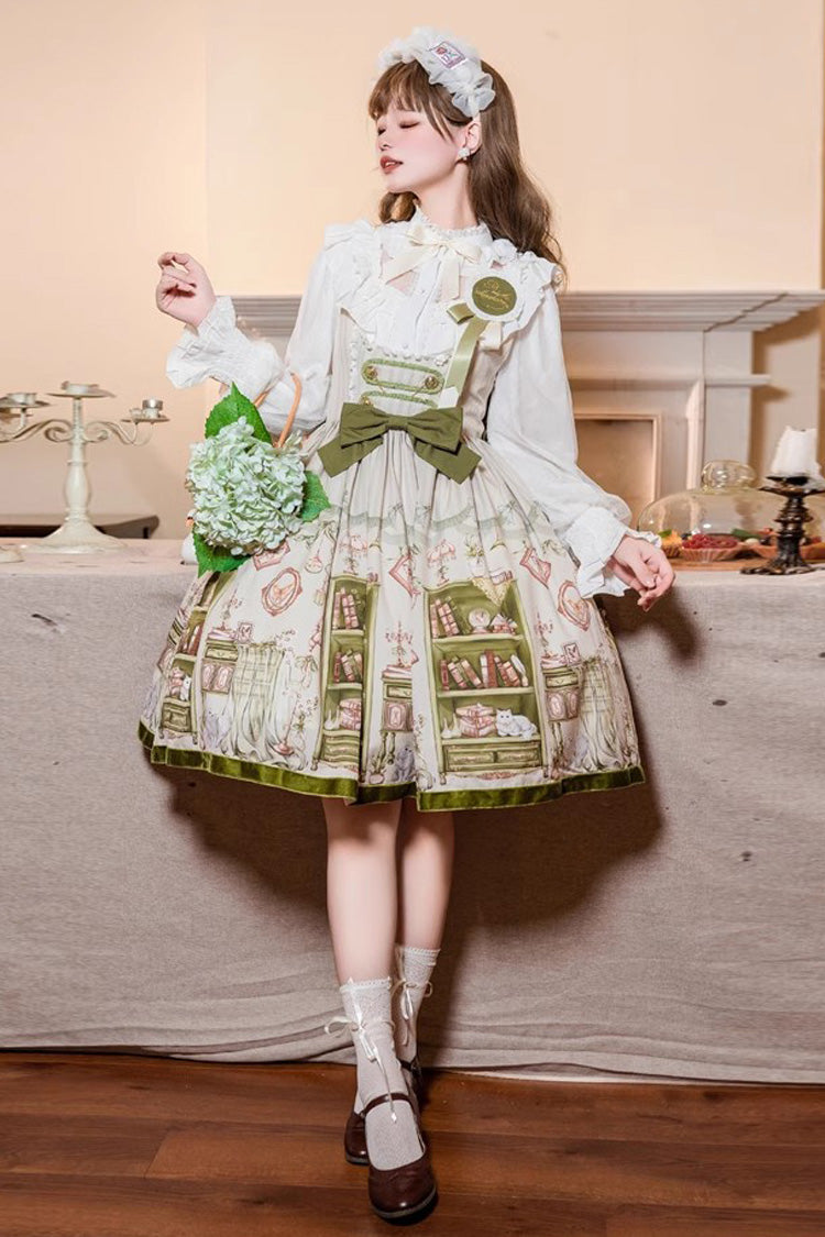 Green Ai Luo Book House Print Chest Support Bowknot Sweet Lolita Jsk Dress