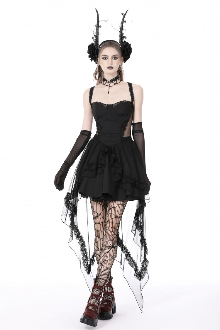 Robe de mariée gothique noire sans manches à lacets en dentelle à queue d'hirondelle pour femmes