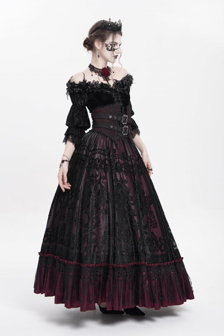 Red Jacquard Embroidery Buckle Tassels Women's Gothic Long Skirt