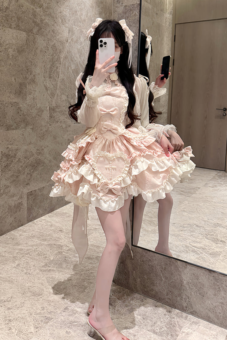 Pink [Heart of Butterfly] Halterneck Sleeveless Multi-Layered Ruffle Embroidery Princess Ballet Lolita Jsk Dress Set