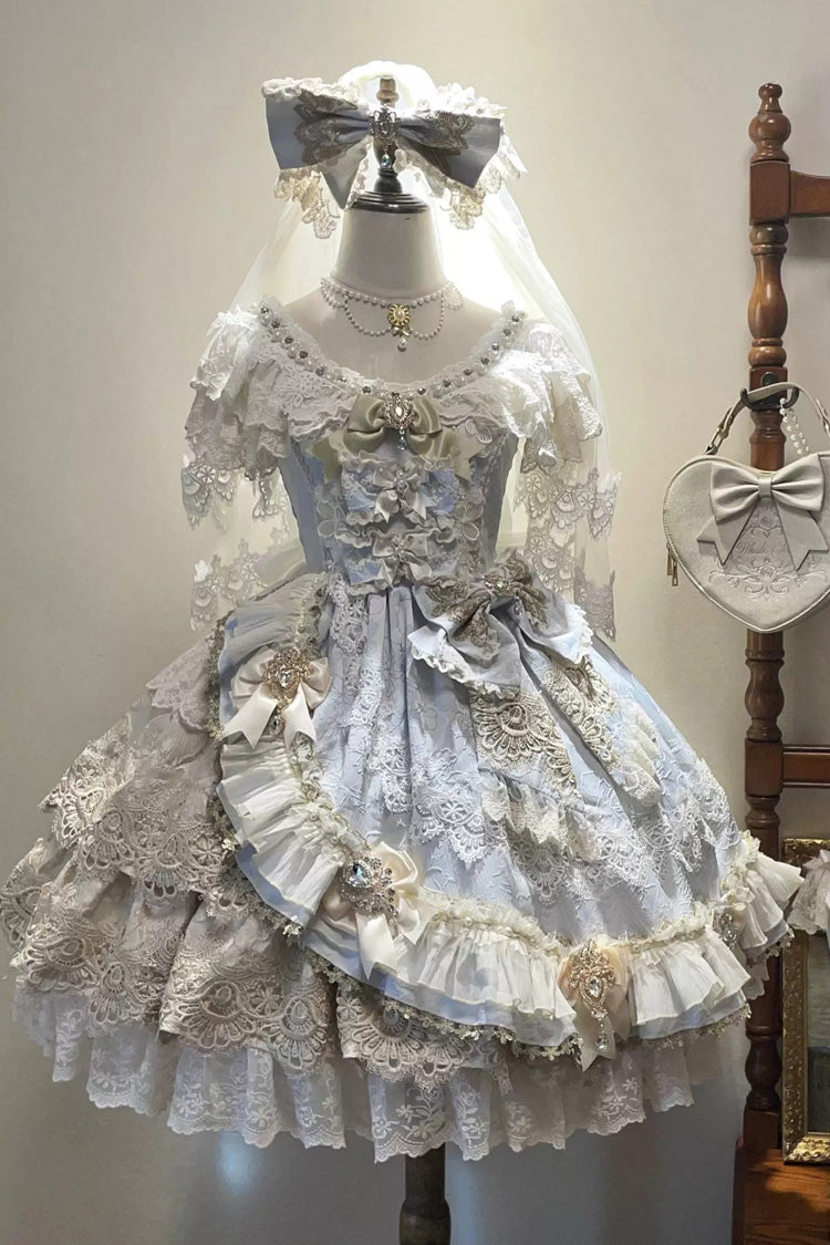 Light Blue [Eternal Heart] Ruffled Neckline Flutter Sleeves High Waisted Lace Bow Pearl Embroidered Princess Sweet Lolita Dress