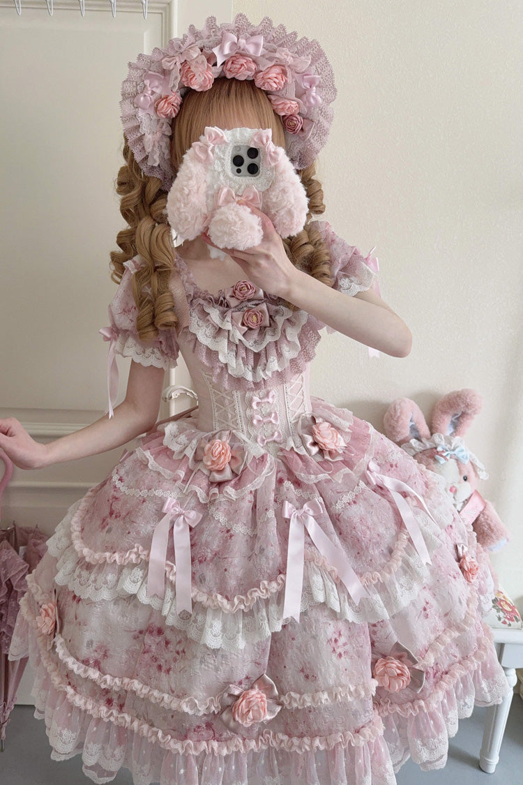 Pink [Rose Manor] Short Puff Sleeves Ruffle Bowknot Lace Sweet Japanese Princess Lolita Dress