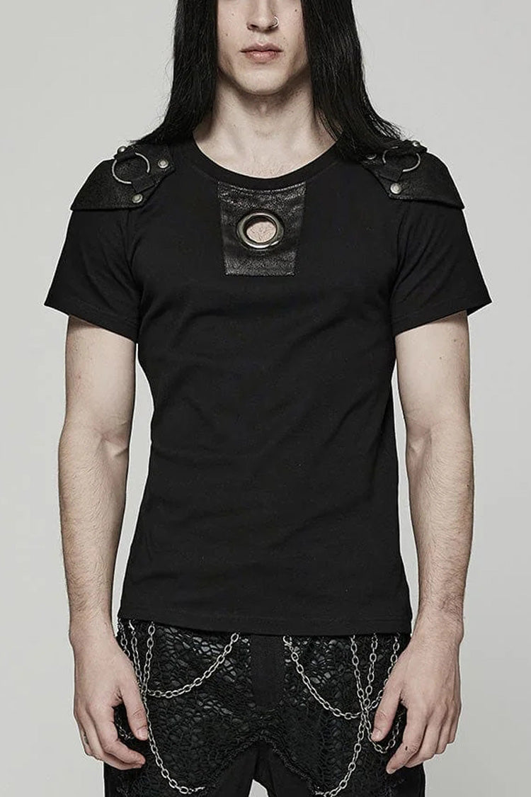 Black Short Sleeves Detachable Shoulder Pad Hollow Mens Steampunk T-Shirt