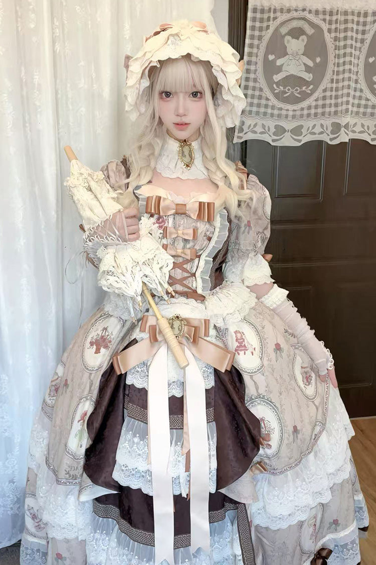 Brown [Baker Street Tea Party] Short Sleeves High Waisted Print Ruffle Embroidery Cardigan Bowknot Lace-Up Classic Vintage Princess Lolita Dress