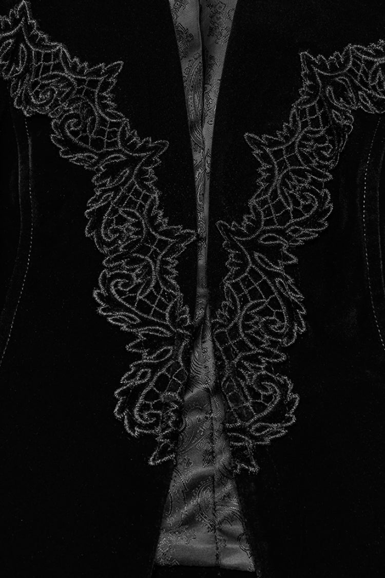 Black V Collar Long Sleeves Floral Embroidery Lace-Up Women's Gothic Jacket