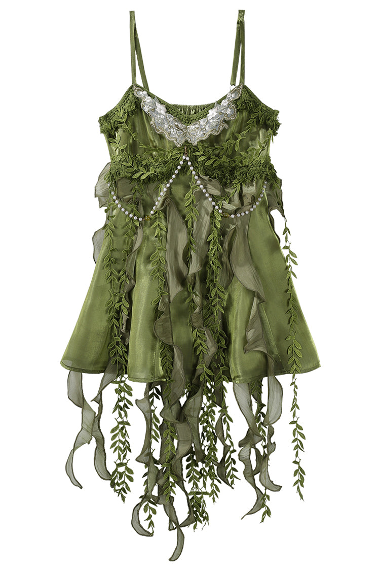 Green [Children of the Forest] Leaf Decoration Ruffle Irregular Sweet Lolita Jsk Dress Set