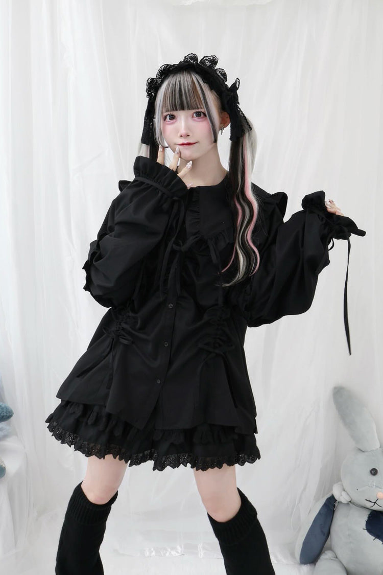 Doll Collar Long Sleeves Ruffle Bowknot Sweet Jirai Kei Japanese Blouse 3 Colors