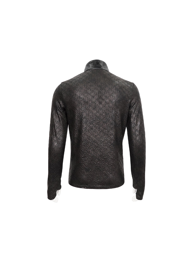 Black Stand Collar Long Sleeves Faux Leather Splice Men's Gothic Shirt