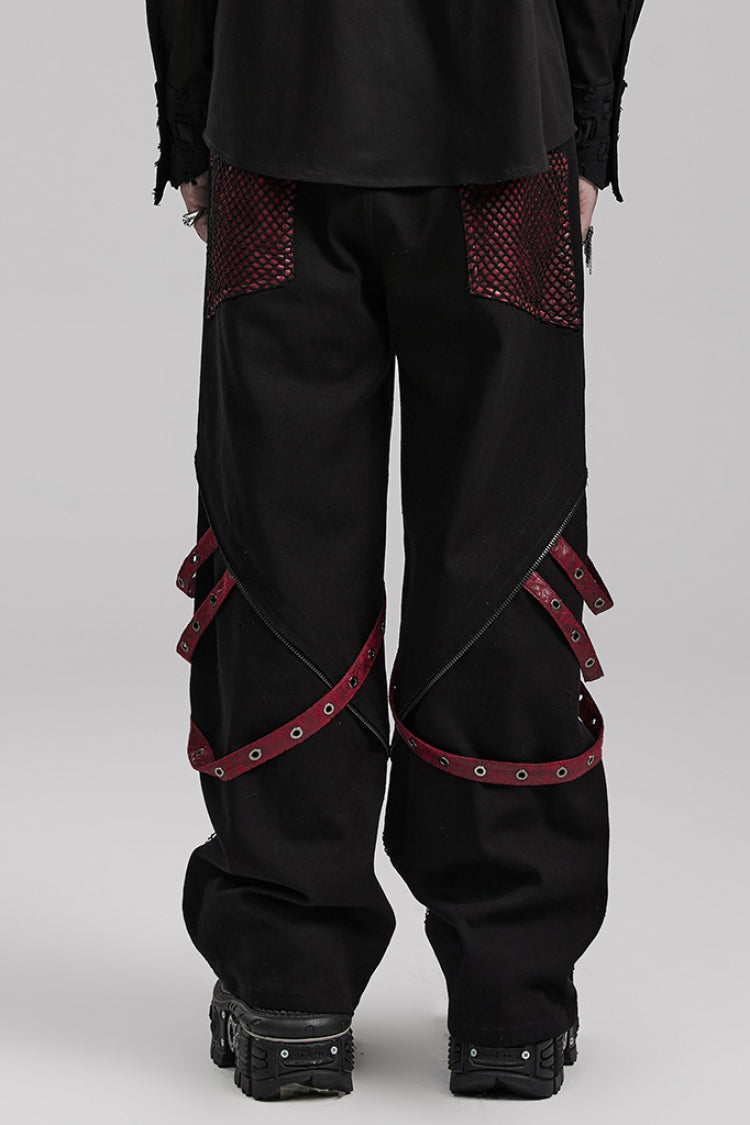 Cracked Leather Stitching Metal Rivet Decoration Mesh Men's Steampunk Pants 2 Colors