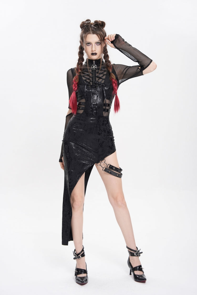Black Stand Collar Long Sleeves Stitching Lace-Up Mesh Women's Punk Dress with Detachable Strap